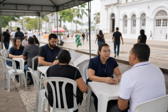 Atendimento público para negociação de dívidas municipais em espaço urbano do Centro de Maceió